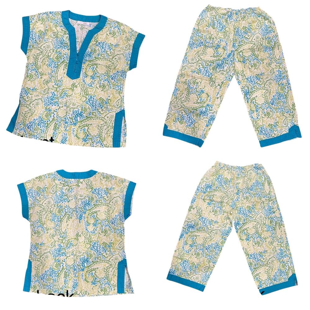I. MAGNIN Vintage Pajamas Size Medium Teal Abstract Floral Print Top and Bottom